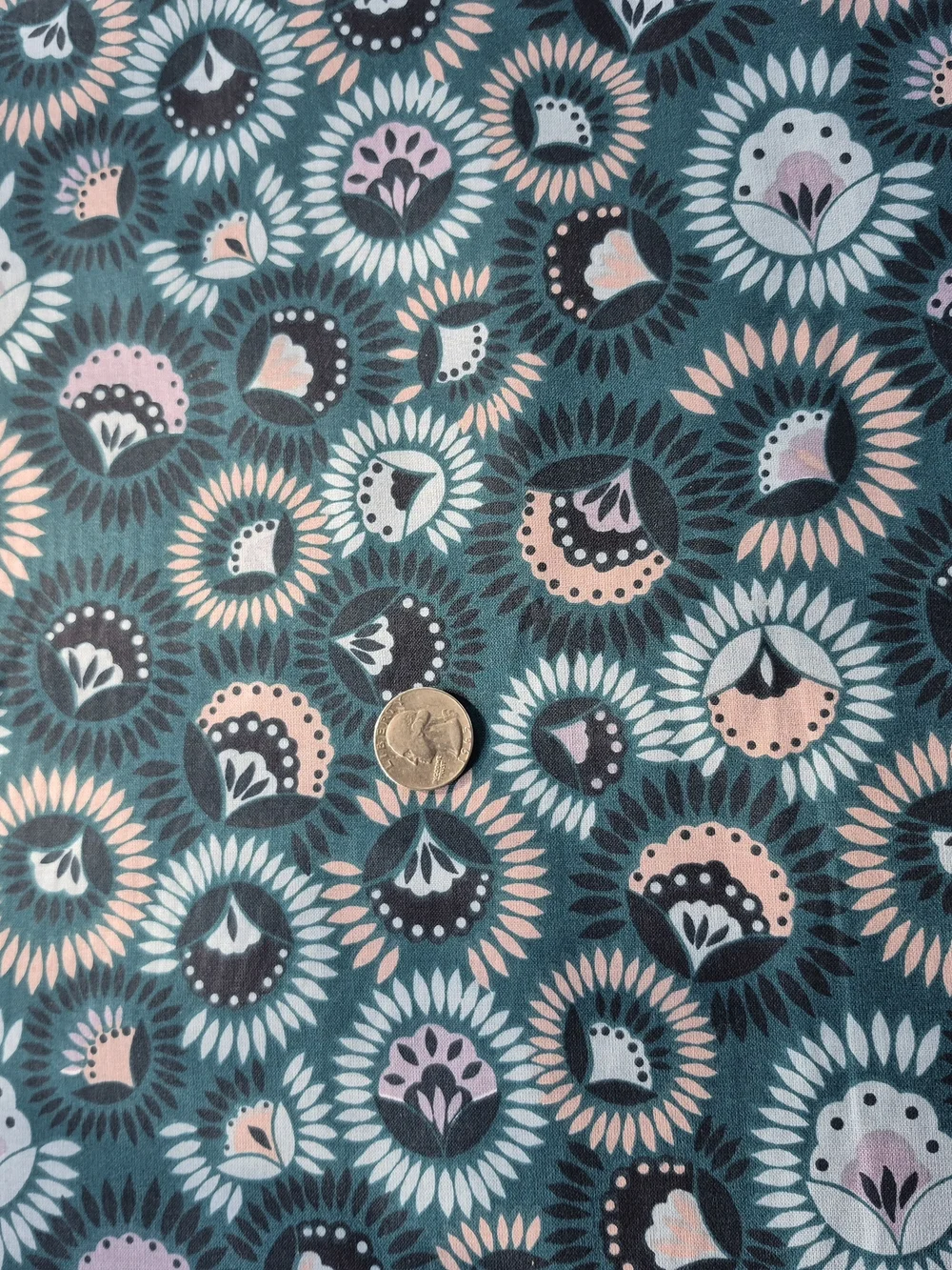 Floral Circles Cotton Fabric 2 Yards Blue Pink Black Quilting Sewing Crafts